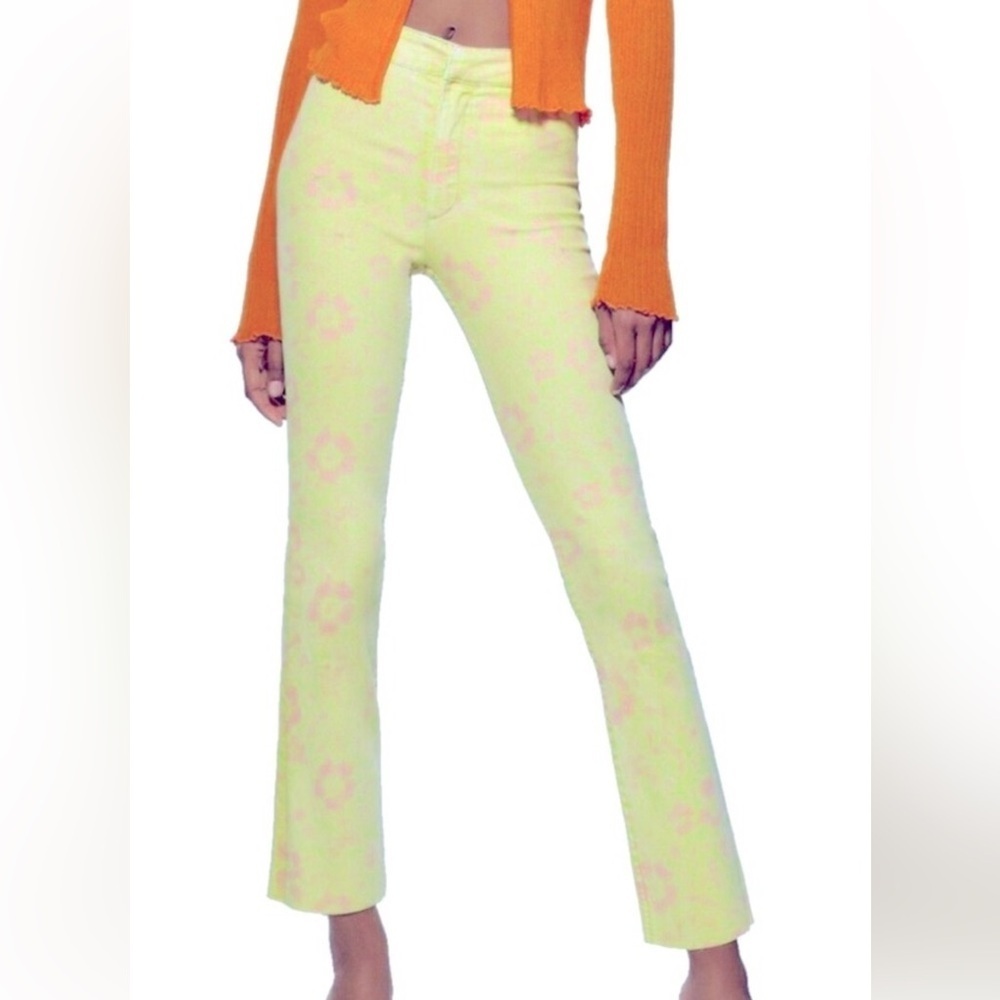 Zara green with pink flowers jeans flair bottoms size 2 nwot